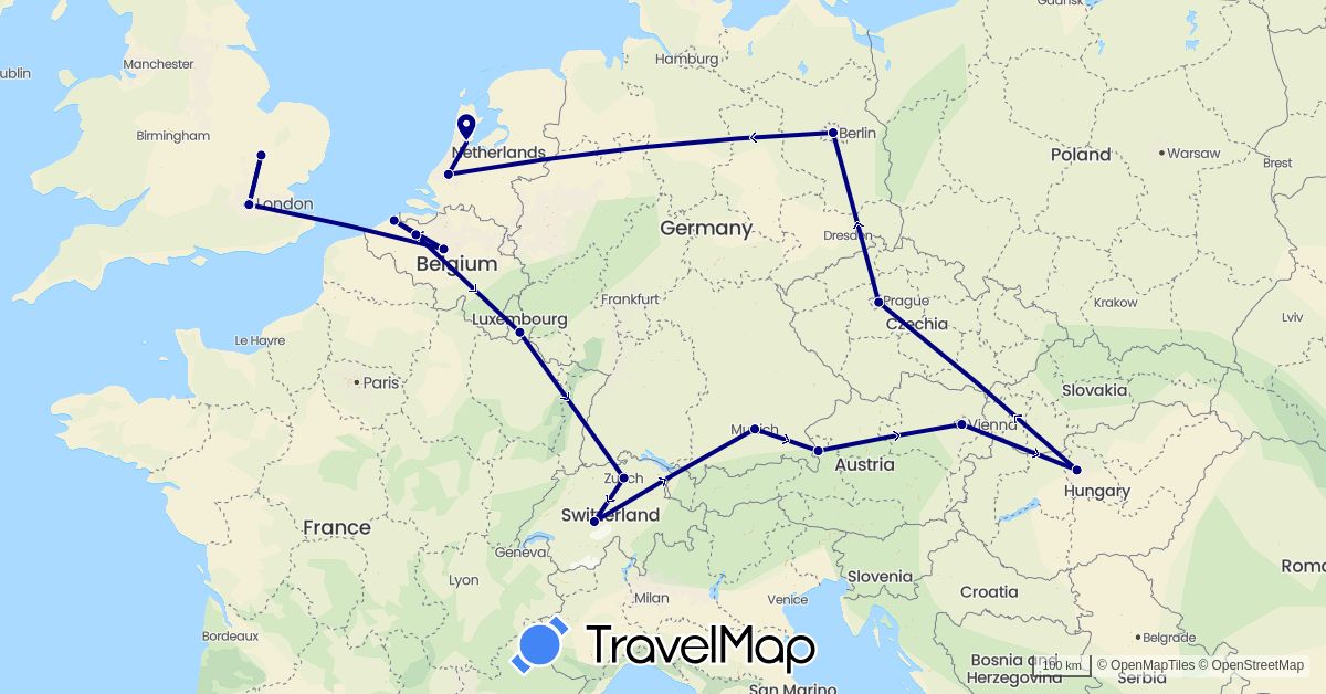 TravelMap itinerary: driving in Austria, Belgium, Switzerland, Czech Republic, Germany, United Kingdom, Hungary, Luxembourg, Netherlands (Europe)